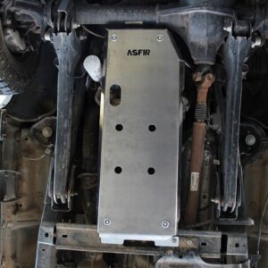 Installed view of ASFIR aluminum skid plate protecting Ford F-250 / F-350 engine and transmission, vehicle-specific fit with minimal ground clearance loss.